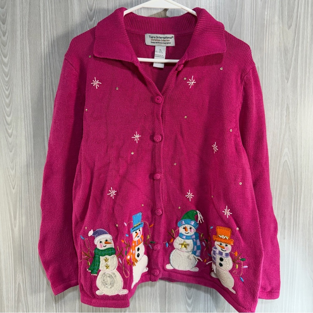 Tiara International Pink Cotton‎ Snowman Christmas Sweater Beaded Embellished XL